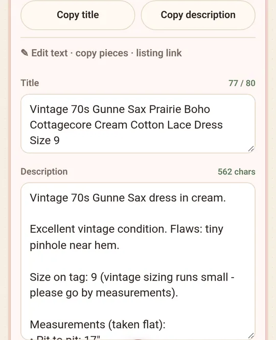 Listing card with copy title and copy description buttons and an 80-character title